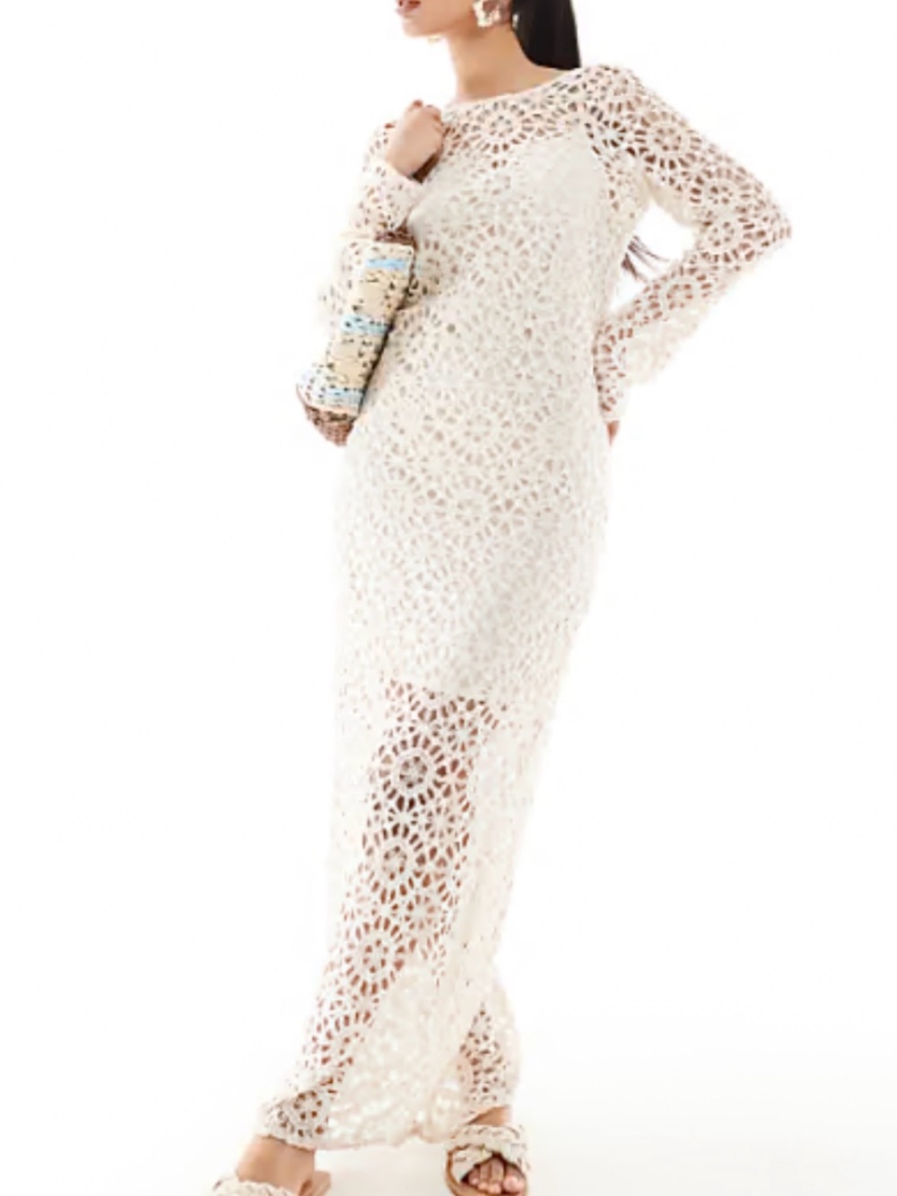 NA-KD Cream Crochet Maxi Dress - Long Sleeve